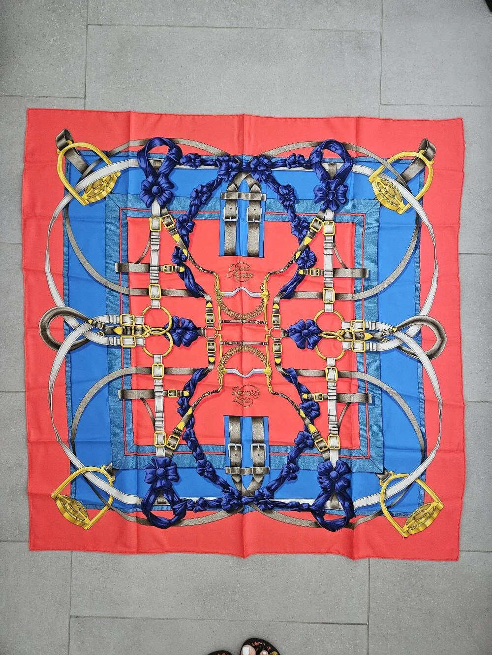 Hermes Red, Blue and Gold Equestrian Motif Silk Scarf 90X90cm  authentic